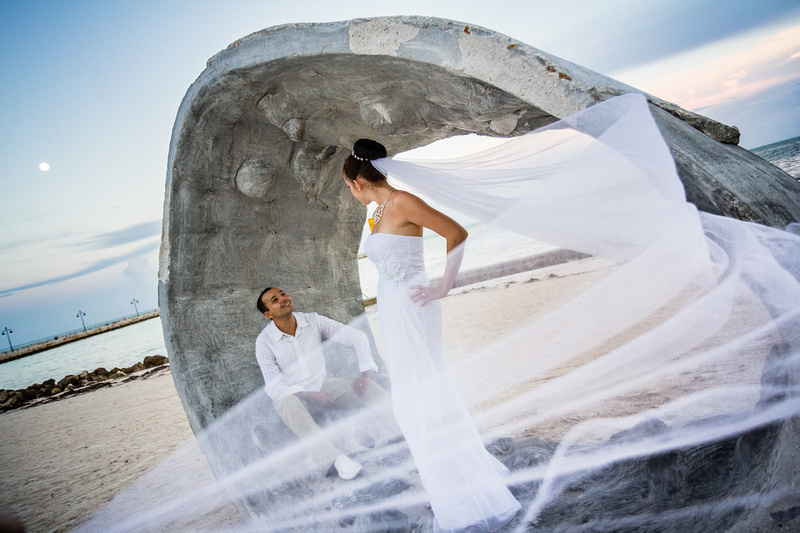 Bride's veil blowing in the wind.